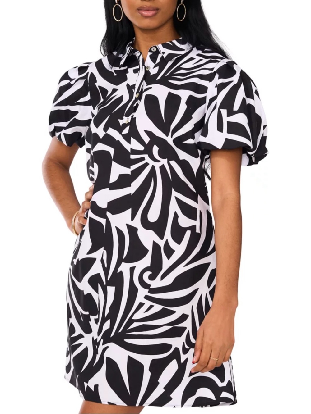 MSK Puff Sleeve Collar Neck Abstract Print Cotton A-Line Dress Size M